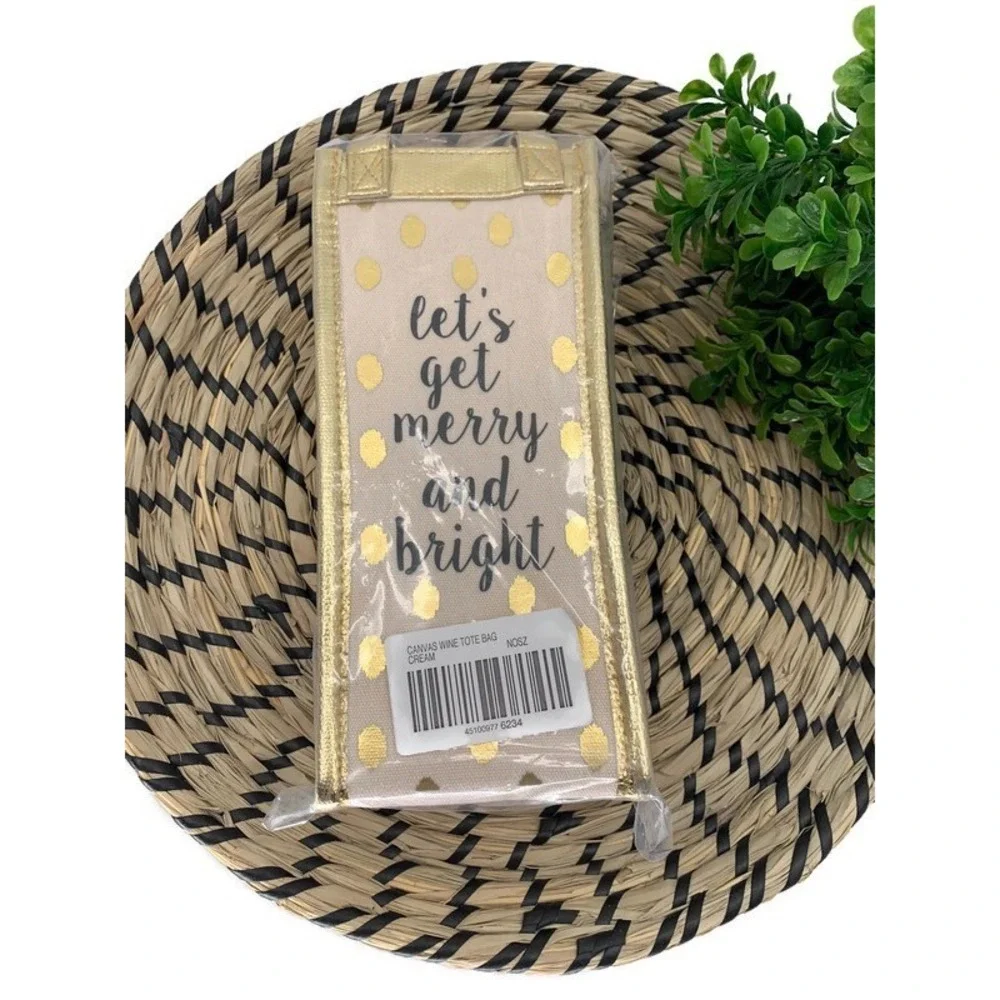 TEVANA Merry and Bright Canvas Wine Tote Bag Gold Polka Dot Holiday Gift Carrier